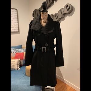 NEW GUESS Black Wool Blend Belted Peacoat - M